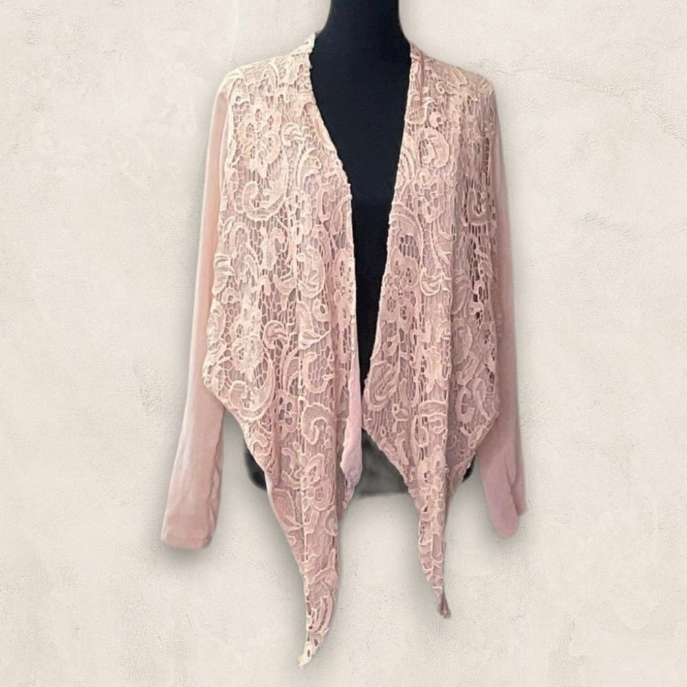 HAZEL Hazel Crochet Lace Front Half Jacket Chiffon Cardigan Long Sleeve Size M - Picture 5 of 8